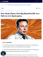 Elon Musk Slams 'One Big Beautiful Bill' as a Path to U.S. Bankruptcy
