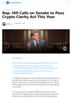 Rep. Hill Urges Senate to Pass Crypto Clarity Act This Year
