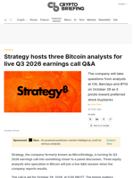 Strategy hosts three Bitcoin analysts for live Q3 2026 earnings call Q&A