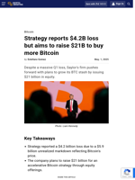 Strategy reports $4.2B loss but aims to raise $21B to buy more Bitcoin