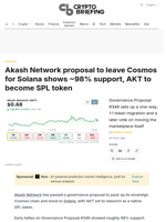 Akash Network proposal to leave Cosmos for Solana shows ~98% support, AKT to become SPL token