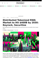 Distributed Tokenized RWA Market to Hit $400B by 2030: Keyrock, Securitize - 