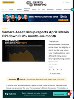 Samara Asset Group reports April Bitcoin CPI down 0.9% month-on-month