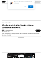 Ripple Adds 9,900,000 RLUSD to Ethereum Network - U.Today