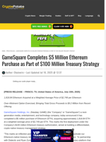 GameSquare Completes $5 Million Ethereum Purchase as Part of $100 Million Treasury Strategy