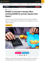 BitMEX Co-founder’s Family Office Seeking $250M for Private Equity Fund
