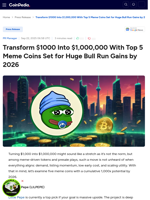 Transform $1000 Into $1,000,000 With Top 5 Meme Coins Set for Huge Bull Run Gains by 2026