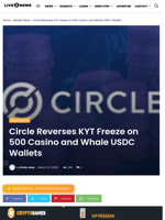 Circle Reverses KYT Freeze on 500 Casino and Whale USDC Wallets | Live Bitcoin News