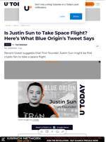 Is Justin Sun to Take Space Flight? Here’s What Blue Origin's Tweet Says