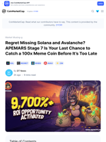 Regret Missing Solana and Avalanche? APEMARS Stage 7 Is Your Last Chance to Catch a 100x Meme Coin Before It’s Too Late: Guest Post by DT News | CoinMarketCap