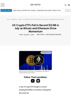 US Crypto ETFs Pull In Record $12.8B in July as Bitcoin and Ethereum Drive Momentum