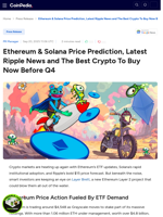 Ethereum & Solana Price Prediction, Latest Ripple News and The Best Crypto To Buy Now Before Q4