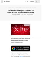 XRP Wallets Holding 1,000 to 100,000 Coins Hit 1.1M, Highest Level in History