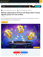 Bitcoin Rebounds $4K in 60 Minutes as Trump Pauses Planned Iran Strikes