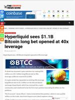 Hyperliquid sees $1.1B Bitcoin long bet opened at 40x leverage - The Crypto News Wire