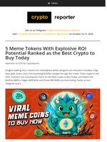 5 Meme Tokens With Explosive ROI Potential Ranked as the Best Crypto to Buy Today