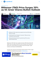 Bittensor TAO Price Up by 20% As VC Greer Shares Outlook