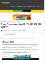Crypto Price Analysis May-30: ETH, XRP, ADA, SOL, and HYPE