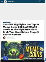 ChatGPT Highlights the Top 10 Meme Coins 2026: APEMARS Leads as the High ROI Coin - Grab Your Spot Before Stage 9 Ends in 6 Hours - TechBullion