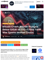 Bitcoin Crash: Bitcoin Plunges Below $102K as U.S.–China Tariff War Sparks Market Chaos | Live Bitcoin News