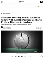 Ethereum Treasury Aims to Foil Short Sellers With 'Loyalty Payment' as Shares Trade at Discount to Holdings - Decrypt