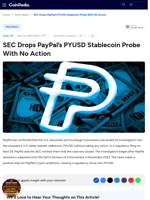 SEC Drops PayPal’s PYUSD Stablecoin Probe With No Action