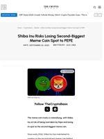 Shiba Inu Risks Losing Second-Biggest Meme Coin Spot to PEPE