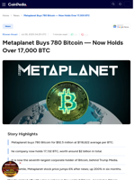 Metaplanet Buys 780 Bitcoin — Now Holds Over 17,000 BTC