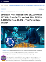 Ethereum Price Prediction to $10,000 With 120% Up From $4,551 vs Ozak AI to $1 With 8,333% Up From $0.012 – The Percentage Winner