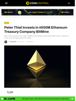 Peter Thiel Invests in $500M Ethereum Treasury Company BitMine - CoinCentral