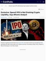 Exclusive: SpaceX IPO Is Not Draining Crypto Liquidity, Says Bitunix Analyst 