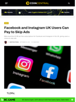 Facebook and Instagram UK Users Can Pay to Skip Ads - CoinCentral