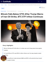 Bitcoin Falls Below $71K After Trump Warns of Iran Oil
Strike, BTC ETF Inflow Continues