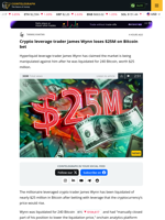 Crypto leverage trader James Wynn loses $25M on Bitcoin bet