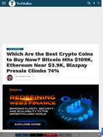 Which Are the Best Crypto Coins to Buy Now? Bitcoin Hits $109K, Ethereum Near $3.9K, Blazpay Presale Climbs 74% - TechBullion