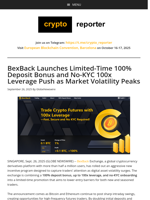 BexBack Launches Limited-Time 100% Deposit Bonus and No-KYC 100x Leverage Push as Market Volatility Peaks