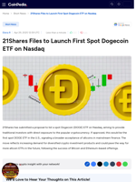 21Shares Files to Launch First Spot Dogecoin ETF on Nasdaq
