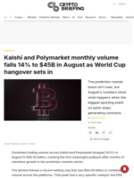 Kalshi and Polymarket monthly volume falls 14% to $45B in August as World Cup hangover sets in