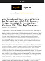 Asia Broadband Signs Letter Of Intent For Revolutionary rGO Gold Recovery System Licensing, As Negotiations Continue With Other Top-Tier Miners