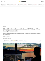 ETH, XRP, HYPE price news: Ether falls twice as hard as bitcoin and HYPE drops 10%