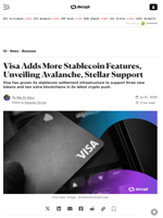 Visa Adds More Stablecoin Features, Unveiling Avalanche, Stellar Support - Decrypt