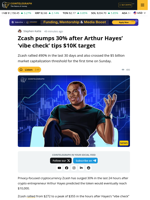 Zcash Jumps 30% as Arthur Hayes $10,000 Call Ignites Interest