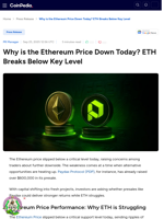 Why is the Ethereum Price Down Today? ETH Breaks Below Key Level