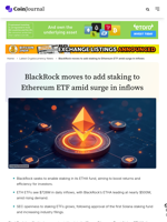 BlackRock moves to add staking to Ethereum ETF amid surge in inflows - CoinJournal