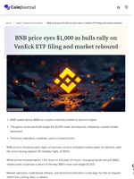 BNB price eyes $1,000 as bulls rally on VanEck ETF filing and market rebound - CoinJournal
