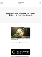 Bitcoin Has Likely Bottomed, Still Targets $150,000 By Year’s End: Bernstein