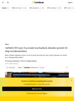Airbnb CEO Brian Chesky's X account hacked; attacker posted AI-slop on asset tokenization