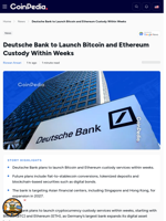 Deutsche Bank Launch Bitcoin & Ethereum Custody Within Weeks