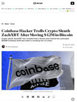 Coinbase Hacker Trolls Crypto Sleuth ZachXBT After Moving $42M in Bitcoin - Decrypt