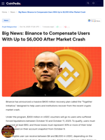 Big News: Binance to Compensate Users With Up to $6,000 After Market Crash